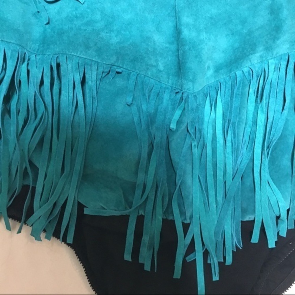 Karen Okada For David Howard Vintage Turquoise teal  Leather Fringes Jacket 12 - Picture 7 of 11